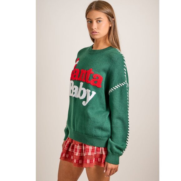 Premium Boutique SANTA BABY Green Christmas Holiday Knit Sweater Puff Design NEW - Picture 6 of 8